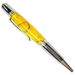 Hand Turned Ballpoint Pen Yellow Black Swirl Resin Chrome Gold Trim Twist New